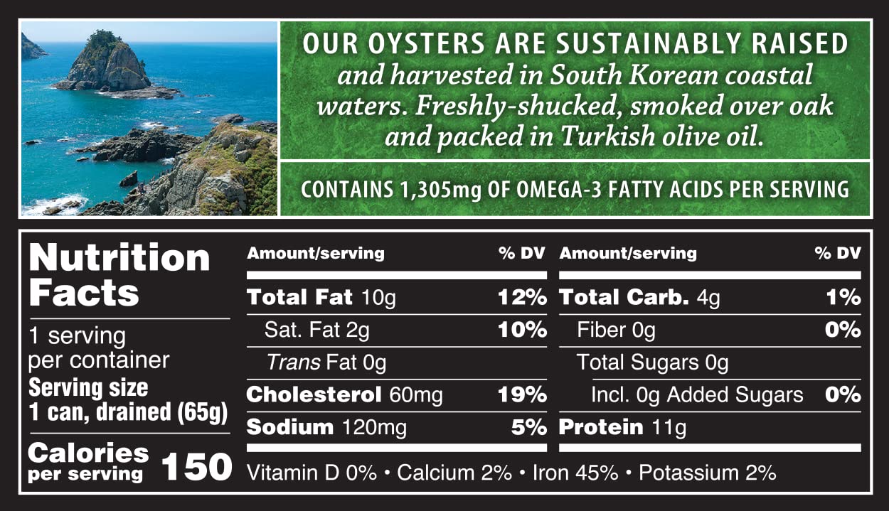 Crown Prince Naturally Smoked Oysters in Pure Olive Oil, 3 oz, Case of 18