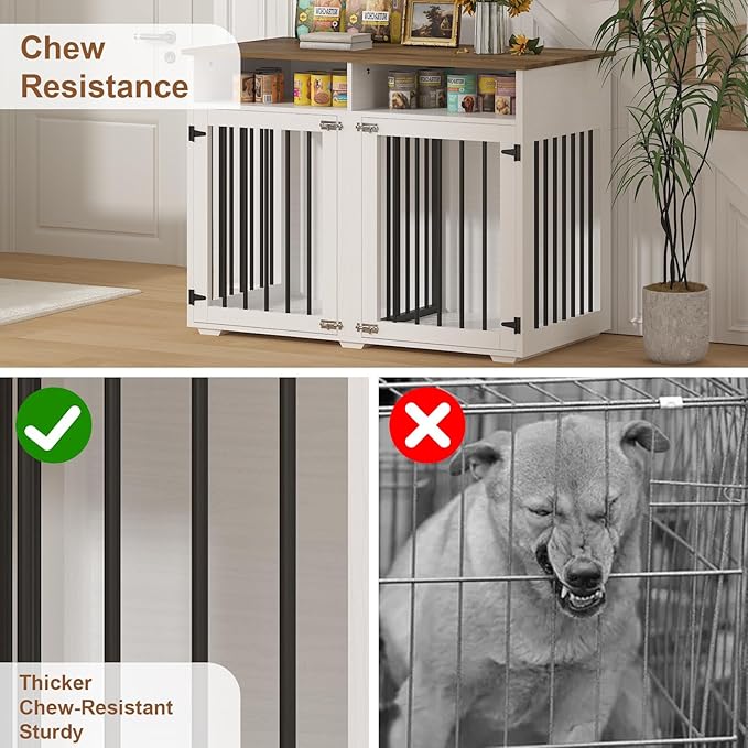 Furniture Dog Crate for 2 Dogs, 41 Inch Dog Kennel Furniture with Removable Divider and Shelf Storage, Wooden Dog Crate for Small/Medium Dogs, White