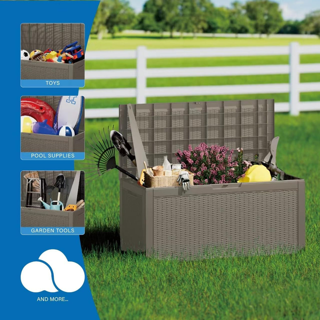 100 Gallon Waterproof Large Resin Deck Box Indoor/Outdoor Lockable Storage Container and Seating for Garden, Pool, and Patio (100 Gallon, Grey)