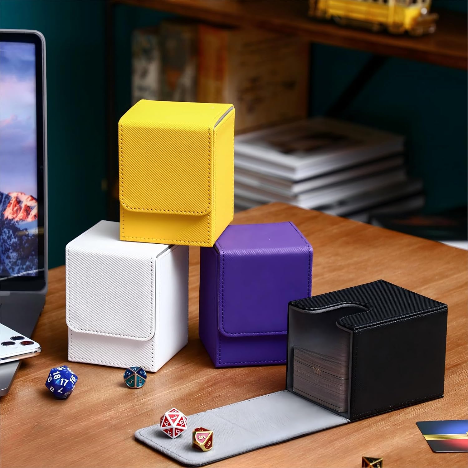 Yookeer 4 Pieces Leather Deck Card Boxes Cards Deck Game Box for Collectible Playing Card Box Compatible with MTG Commander(White, Black, Purple, Yellow,Vertical)