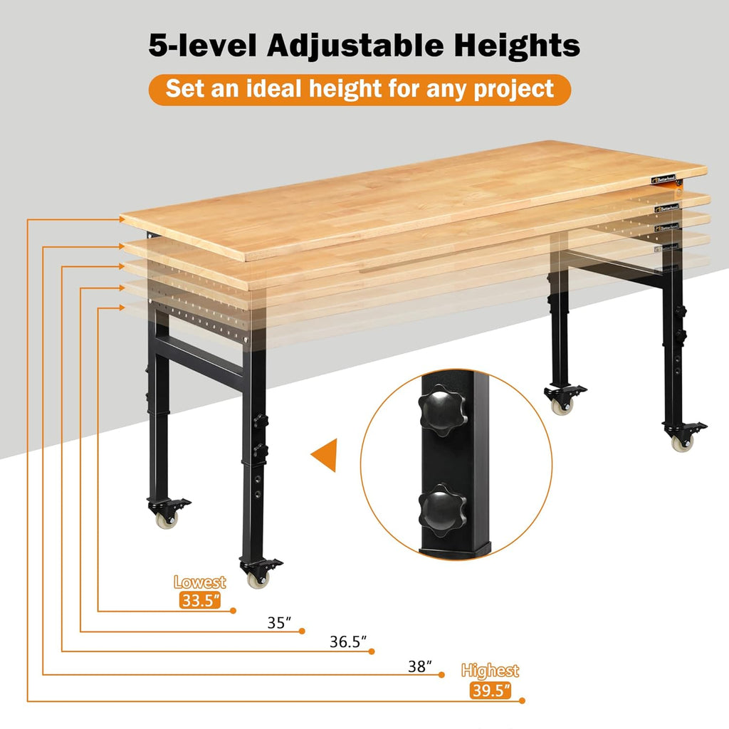 60" Adjustable Workbench for Garage, Rubber Wood Shop Table W/Wheels & Double Pegboards & Drawer, 2000 LBS Load Capacity Hardwood Worktable for Workshop, Garage, Office, Home, Commercial