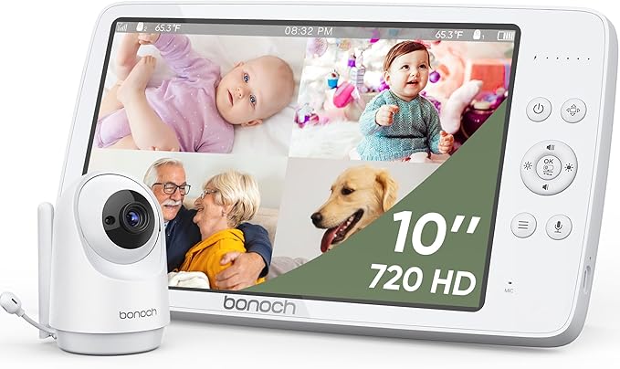 bonoch MegaView Baby Monitor No WiFi, 10" 720p Video Baby Montior with Camera and Audio, Up to Quad Split Screen, 10000mAh Battery, VOX Mode, Remote PTZ, Night Vision, for Multi-Child, Pets, Elderly