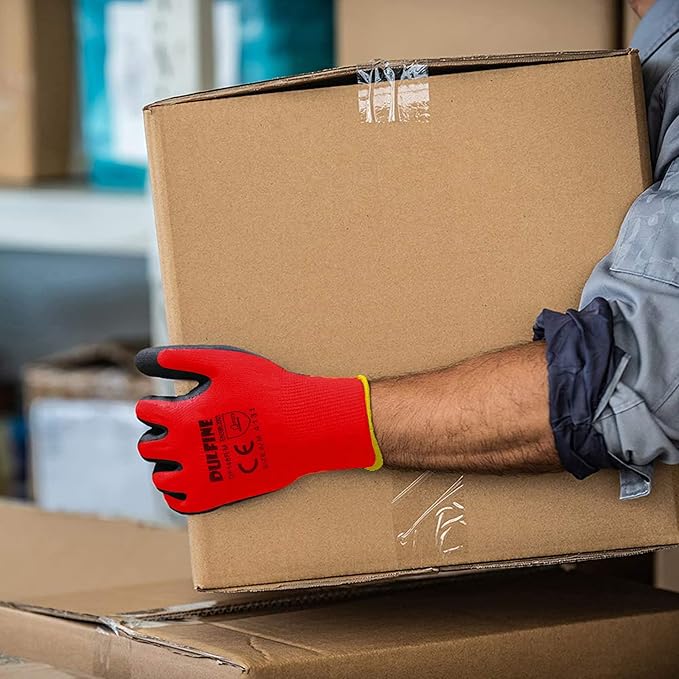 DULFINE Safety Work Gloves PU Coated for Men and Women-12 Pairs,Red Seamless Knit Glove with Two Fingers Touchscreen,Ideal for General Duty Work (Extra Large)