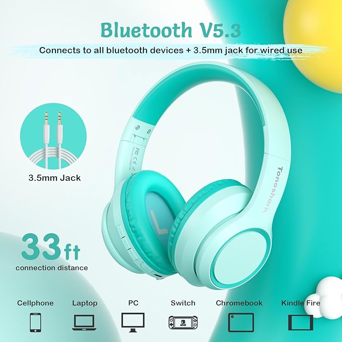 Active Noise Cancelling Headphones for Kids, 60H Playtime, Wireless Bluetooth Over-Ear Headset Built-in Microphone for Home/School/Travel/Party - Includes Portable Case