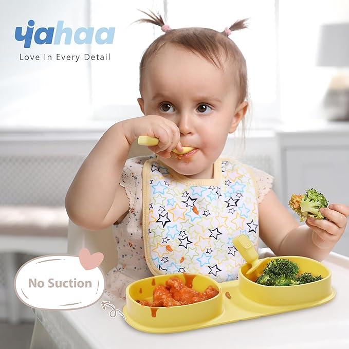 Silicone Foldable Novelty Dinner Plates,Baby Plates Travel Essential with Forks and Spoons,Microwave & Dishwasher Safe,Lemon
