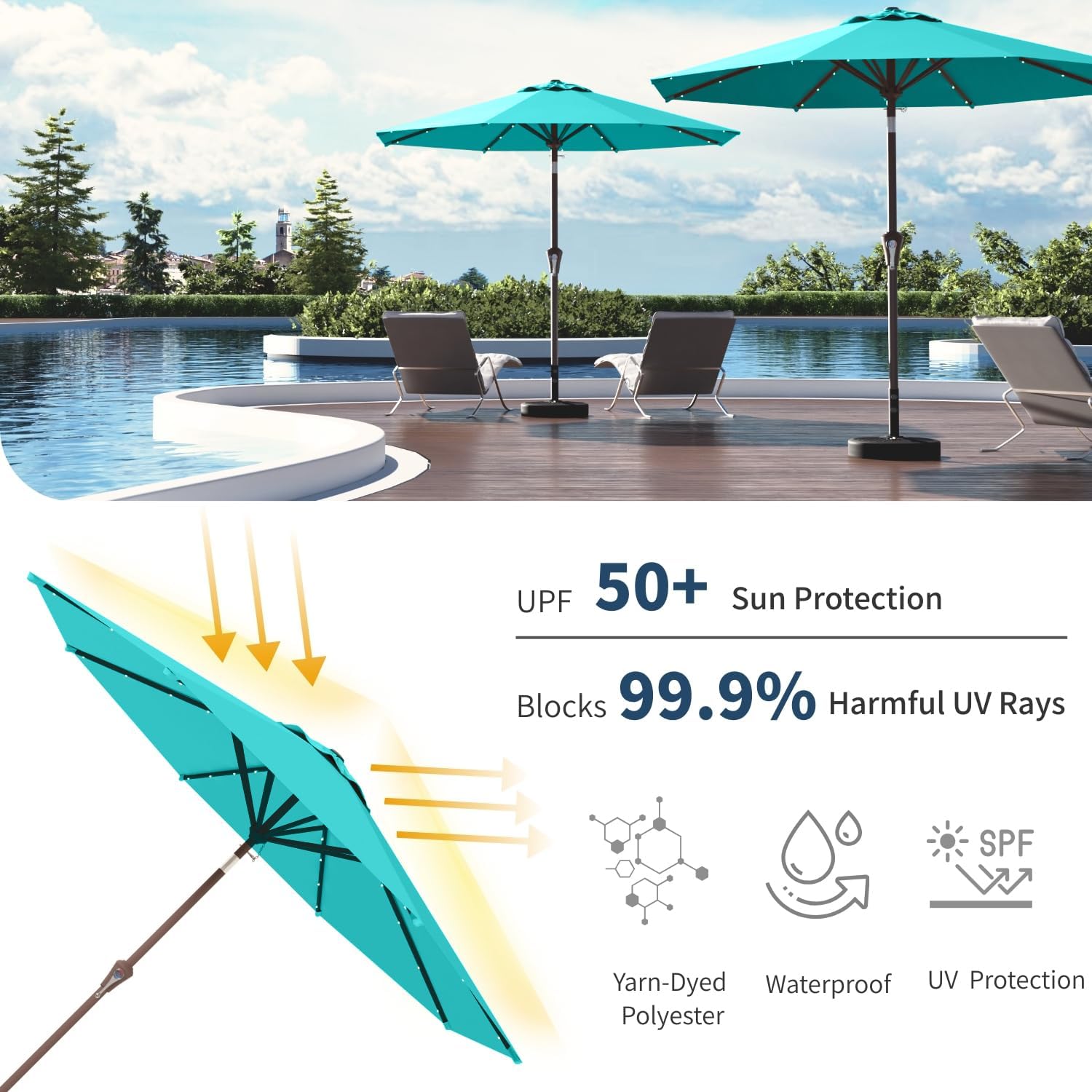 9FT Solar Umbrella 32 LED Lighted Patio Umbrella Table Market Umbrella w/Tilt and Crank, UV-Resistant Outdoor Umbrella for Pool, Garden, Deck, Aqua Blue