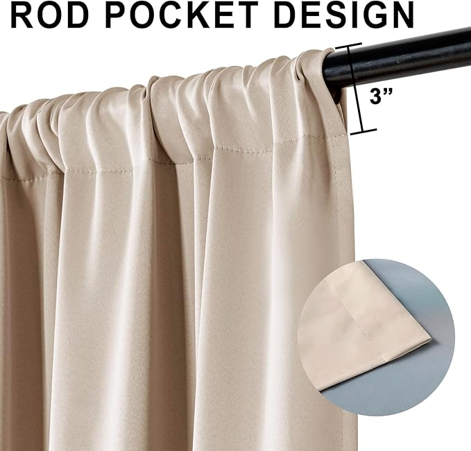 XWZO Total Blackout Curtains 84 Inches Long Rod Pocket Thermal Insulated Black Liner, Noise Reducing and Heat Blocking Drapes for Studio Windows with Tiebacks, Biscotti Beige, W42 x L84, Set of 2
