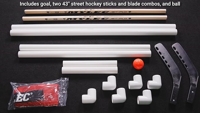 MyLec Deluxe Hockey Set, with 1 Hockey Goal, 2 43" Hockey Sticks & 1 Soft Ball, Sleeve Netting System, PVC Tubing Net, Lighweight & Durable, Enhanced Grip, Pre-Curved Mini Hockey Stick (Red/White)