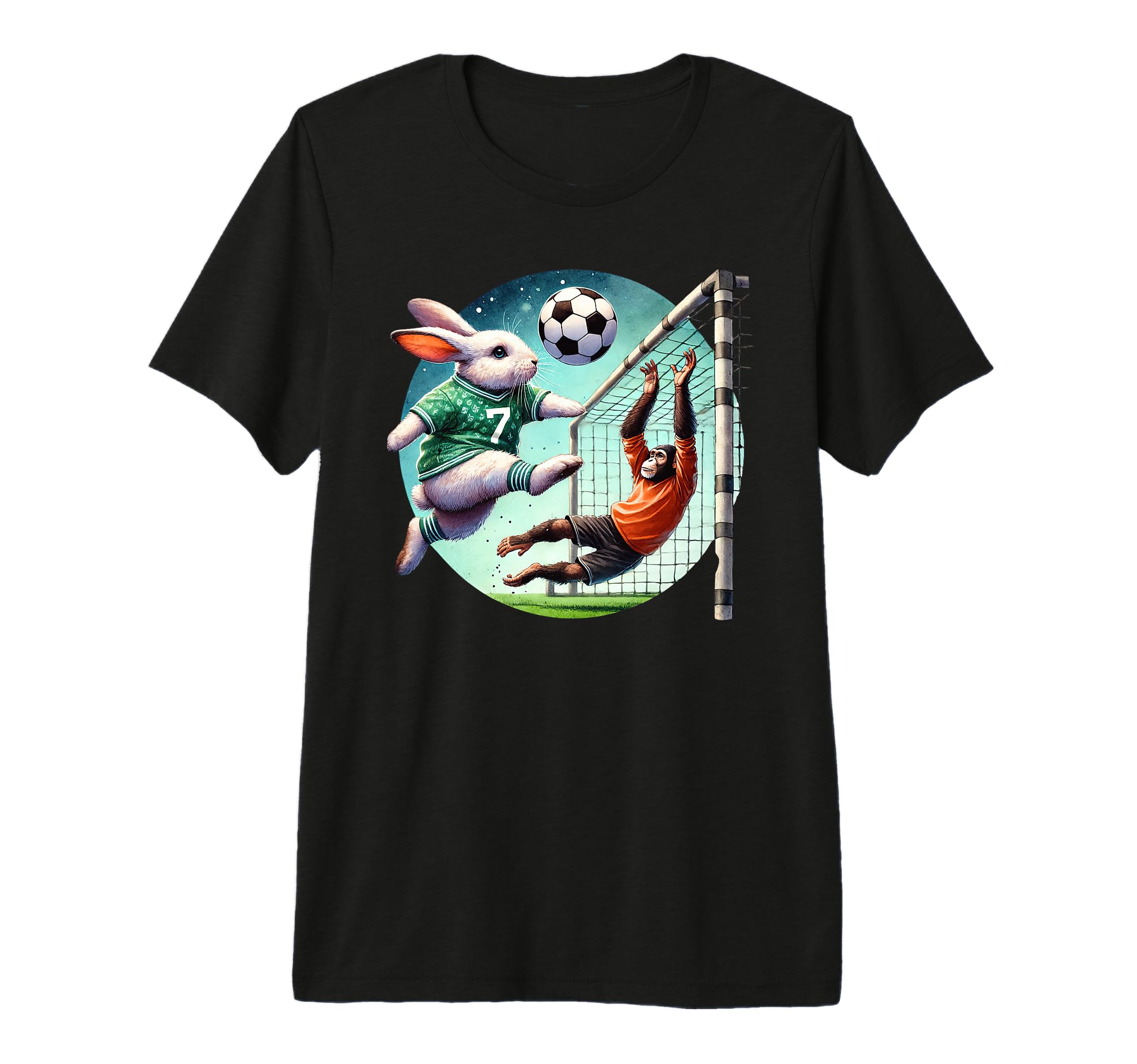 Bunny Kicks Soccer Ball Past Chimp T-Shirt - Aesthetic Graphic for Adults