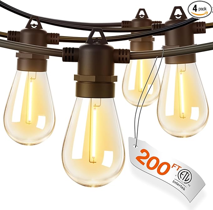 addlon 200FT(4-Pack*50FT) LED Outdoor String Lights with Edison Shatterproof Bulbs, Heavy-Duty and Weatherproof Strand, Commercial Grade Patio Lights, Decorative for Garden or Patio, Black