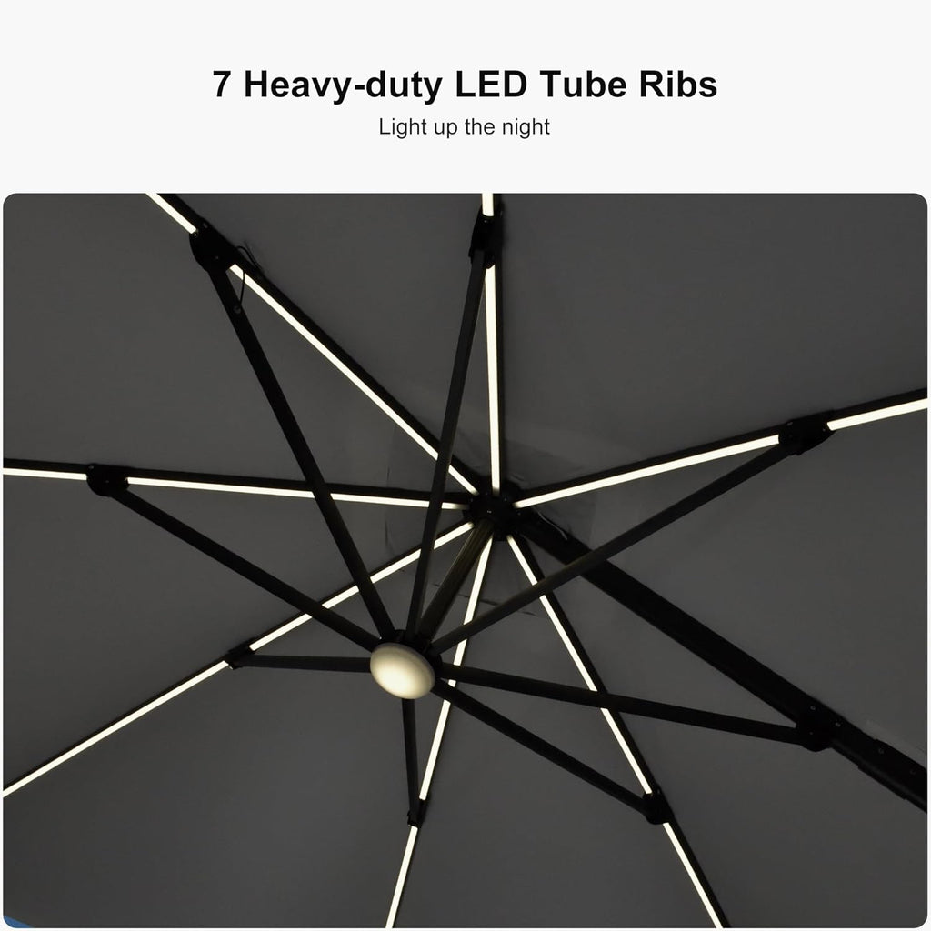 PURPLE LEAF 10 Feet Patio Umbrella Outdoor Cantilever Solar Powered LED Square Umbrella Aluminum Offset Umbrella with 360-degree Rotation for Garden Deck Pool Patio Light Grey