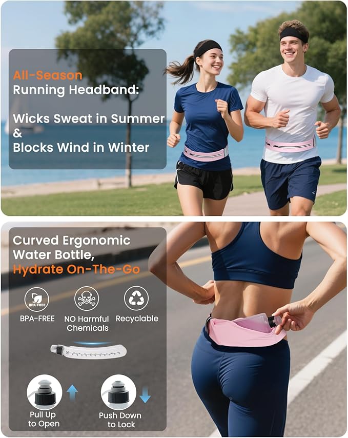 Running Belt for Women and Men, Adjustable Fanny Packs No Bounce Phone Holder for Running with Water Bottle & Headband, Waterproof Reflective Waist Packs for Runner Fits All Phones (M-Pink)
