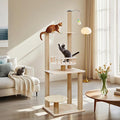 Wood Cat Tree 17” x 16”x 53” Modern Sturdy Cat Tower with Double Condos Hand-Woven Beds & Toys Multilevel Huge Paws Pals Tree Indoor Cat Furniture for Big Cats
