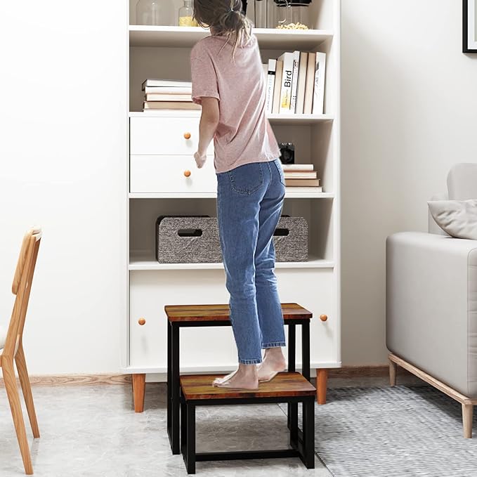 Step Stool for Adults & Kids,Holds up to 500Lb,3 in1 Heavy Duty Sturdy Wooden 2 Stepstool for Kichen/Bathroom/High beds, Metal Frame, Non-Slip Pads