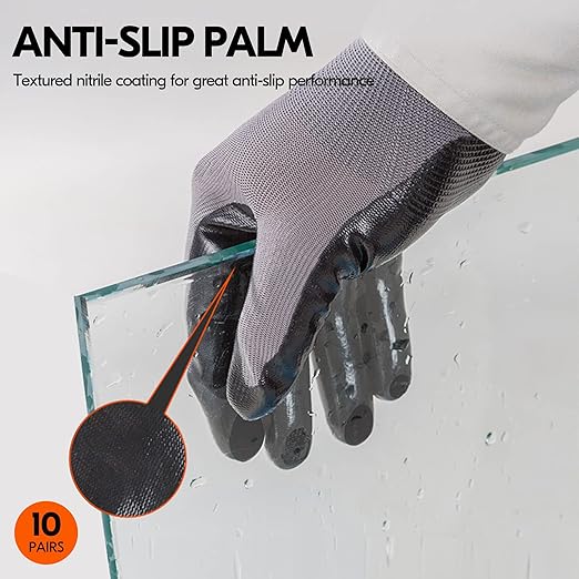 Vgo... 10-Pairs Safety Work Gloves, Gardening Gloves, Non-slip Nitrile coating, Dipping Gloves (Size L, Gray, NT2110)