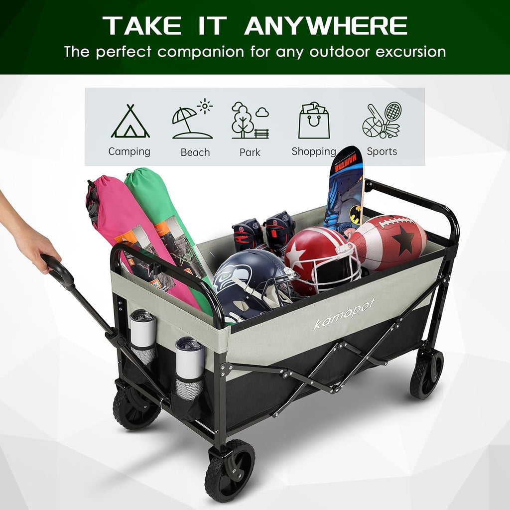 Large Collapsible Wagon Foldable for Grocery, Beach, Park, Yard, 34 x 18 Inch Inner Storage. Folding Utility Shopping Cart on Wheels. Heavy Duty, Durable w/Cupholders (Black-Gray)