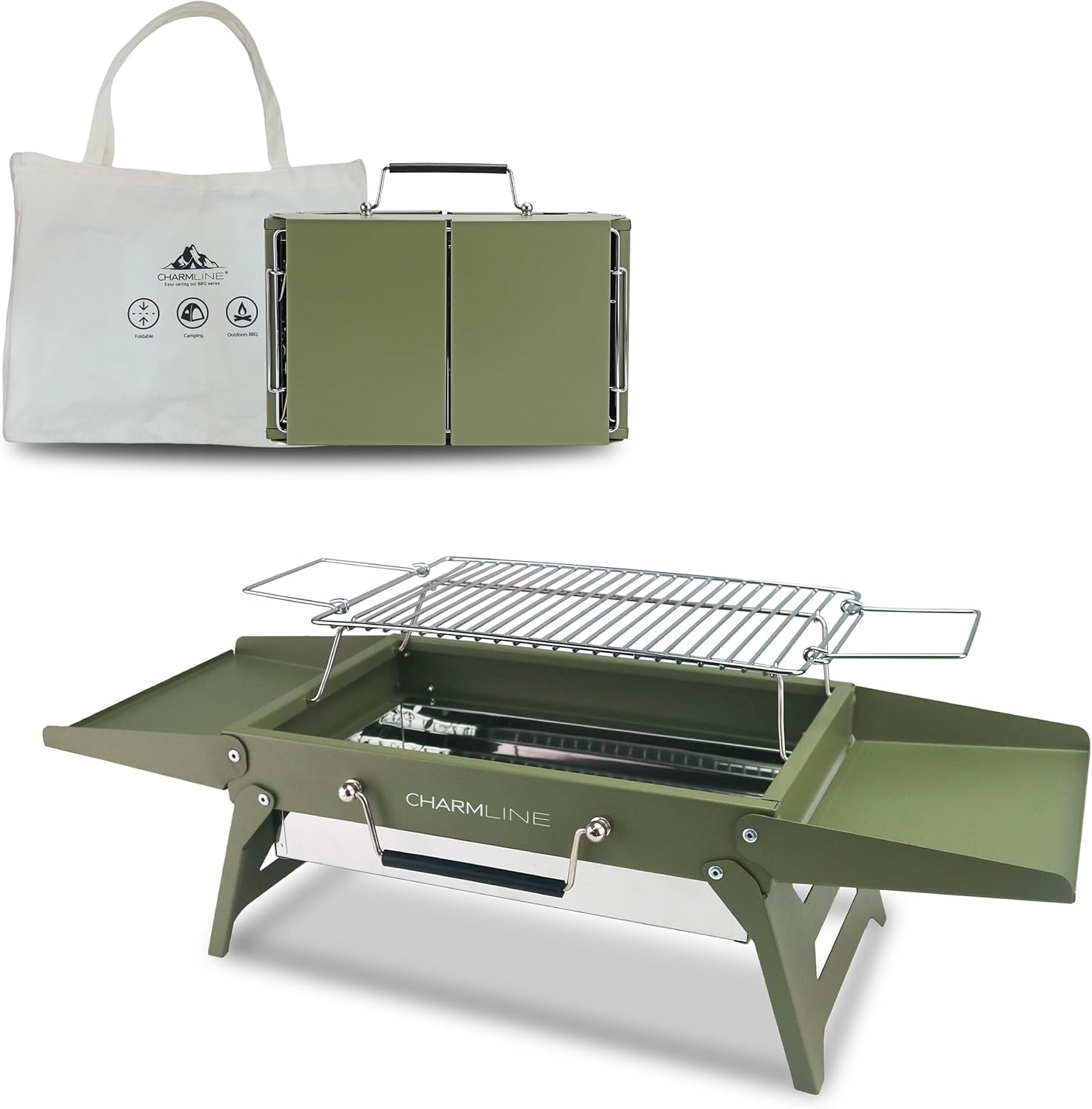Charmline 14x9inch Small Foldable Portable Charcoal Grill, Compact Portable Grill for Outdoor, Charcoal Grills for Camping, Picnics, Gardens and Beach Parties, Liftable Grilling Net, Green