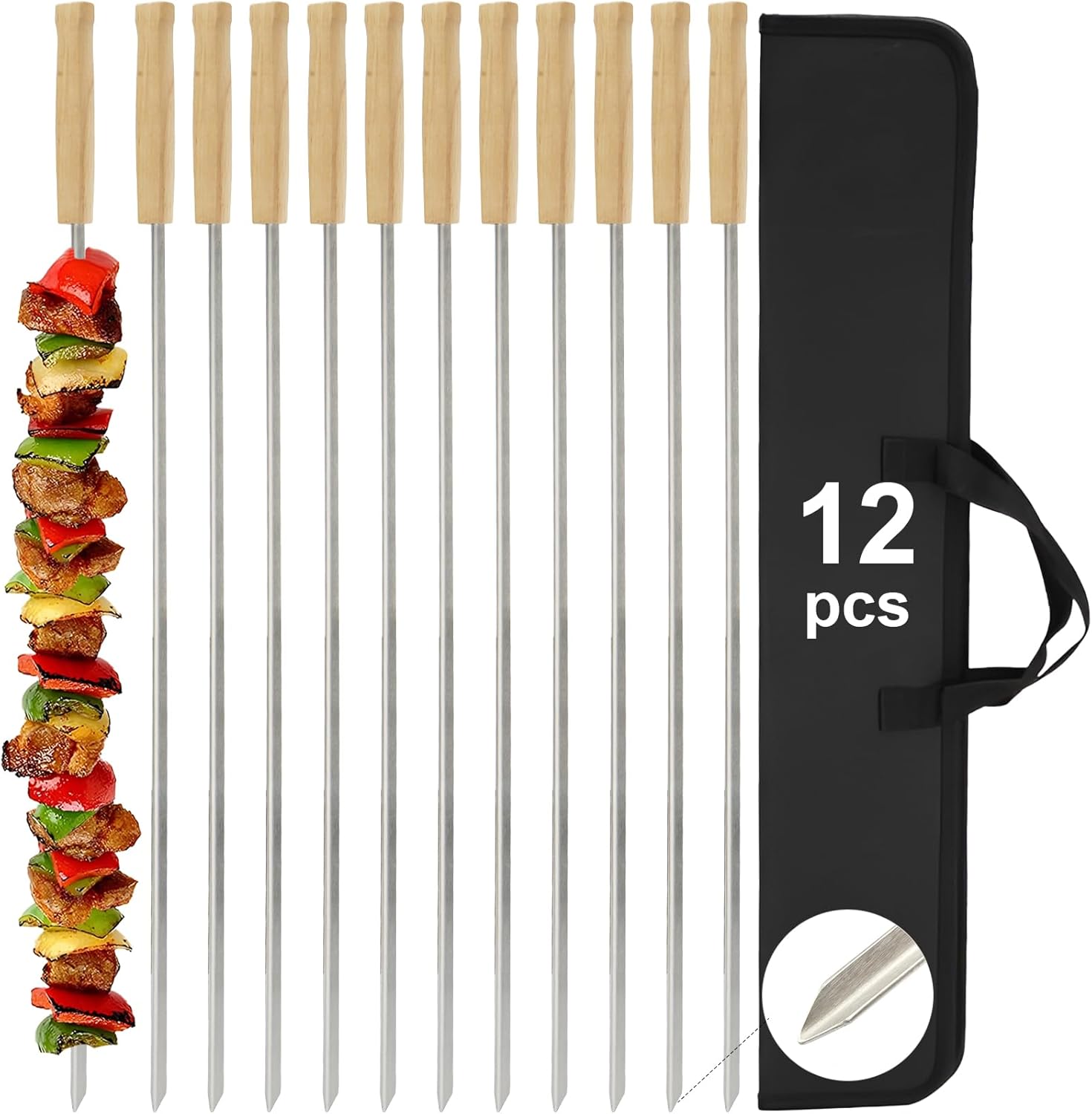 SHIKORI Kabob Skewers,BBQ Barbecue Skewers,Stainless Steel Sticks,24 Inch Heavy Duty Large Wide Reusable,with Nonslip Wooden-12 Pcs