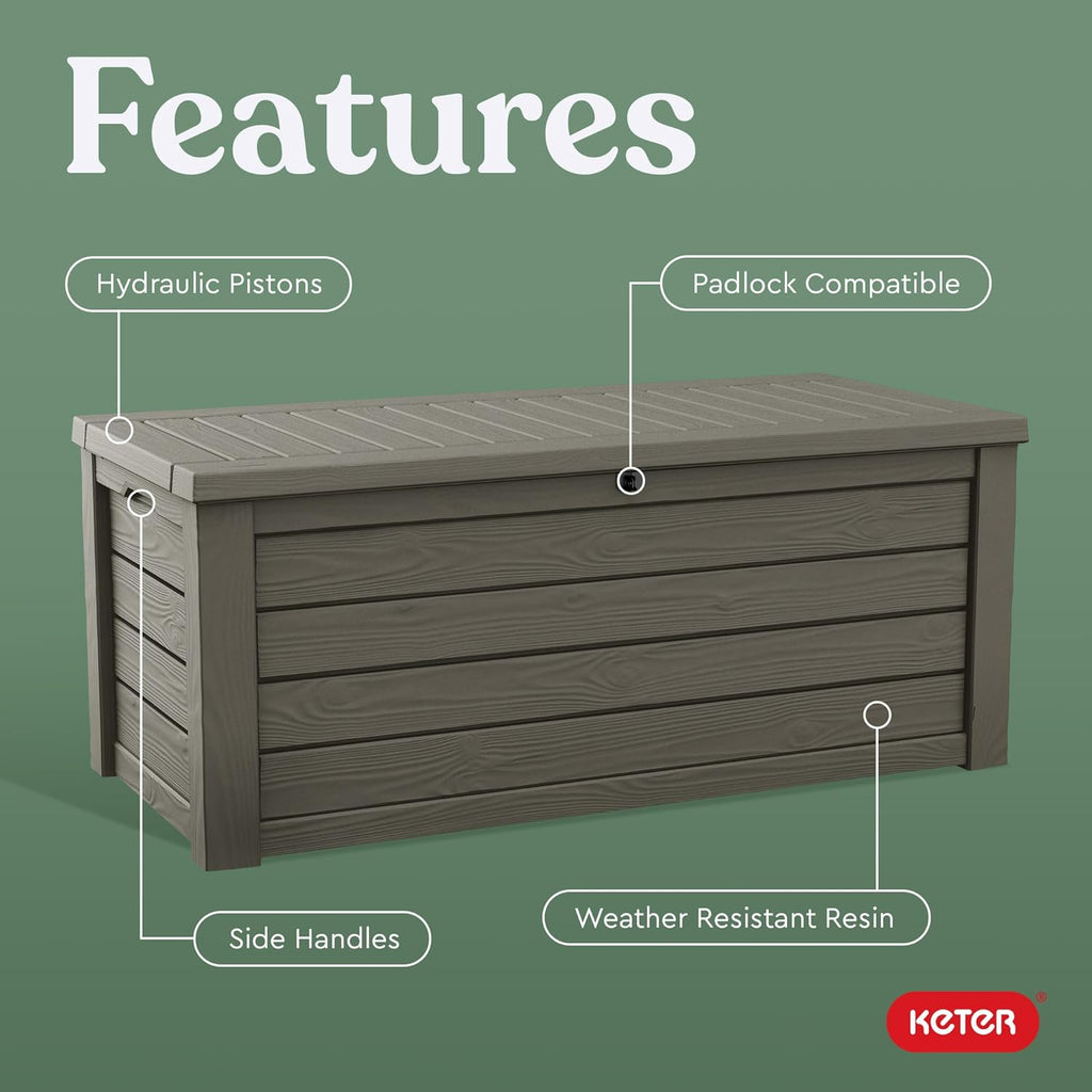 Keter Westwood 150 Gallon Resin Large Outdoor Storage Box for Patio Furniture, Outdoor Cushions, Garden Tools and Pool Floats, Mossy Brown