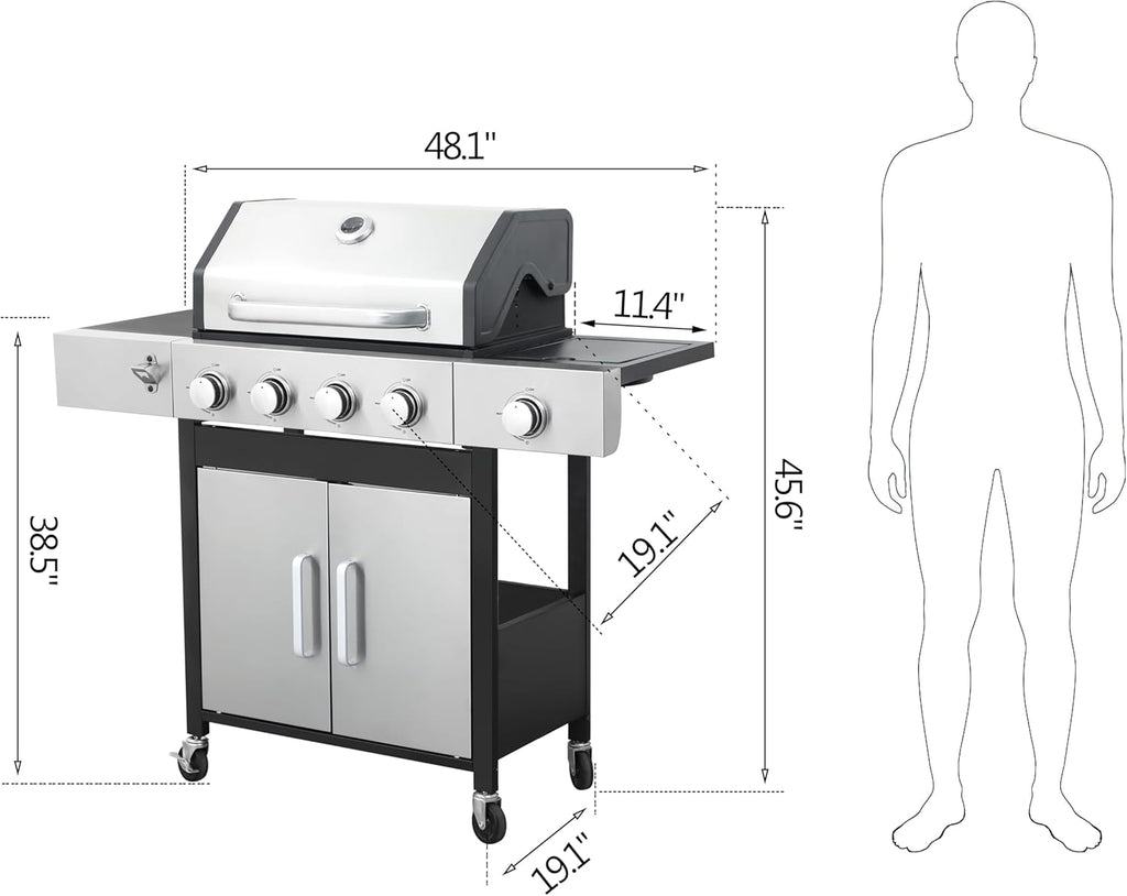 4-Burner Propane Gas BBQ Grill with Side Burner, 46,790 BTU Output, Enameled Cast Iron Grates, Heavy-Duty Stainless Steel Outdoor Grill for Backyard Barbecue