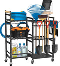 NADAMOO Garden Tool Organizer with Rolling Wheel, 3-tier Metal Shelf Yard Tool Holder, Utility Stand Rack for Garage Organization and Storage, Hold Long-Handled Rakes, Shovel, Broom
