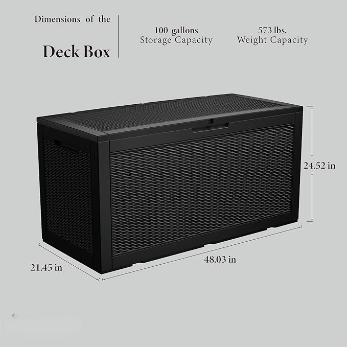 100 Gallon Resin Deck Box, Waterproof Outdoor Storage Bin for Patio Furniture, Pool Accessories, and Garden Tools, Lockable & UV-Resistant, Black