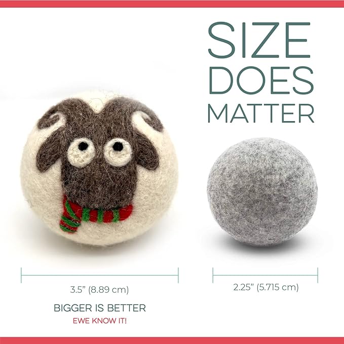 Fluff Ewes Wool Dryer Balls 3 Pack Premium New Zealand Wool Laundry Balls for Dryer, No Static Dryer Balls Laundry Reusable, XL Christmas Dryer Balls, Holiday Dryer Balls - Sheep in Heavenly Peace