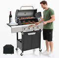 4-Burner Propane Gas BBQ Grill with Side Burner, Porcelain-Enameled Cast Iron Grates and Grills Cover, 51,000 BTU Stainless Steel Grill for Outdoor Camping Barbecue Grilling Backyard Cooking