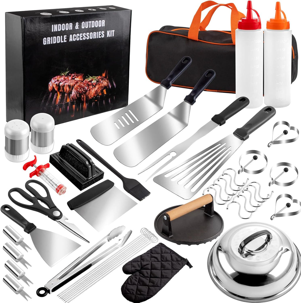 Supernal 46pcs Blackstone Griddle Accessories Upgraded Barbecue Presses Flat Top Grill Tools for Camp Chef Griddle Cover Salt and Pepper Shakers Grill Black Tools Set Enlarged Spatula Gift Set