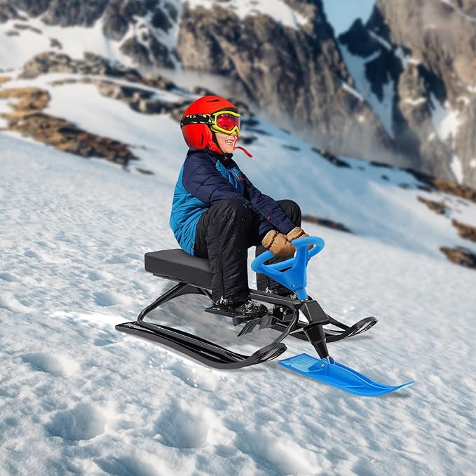 Snow Racer Sled for Kids, Dual Brakes Snowmobile Sled Ski with Steering Wheel, Snow Sledge for Skiing, Ice Skating, Sand Skating, Single Rider 45 x 20 x 15 inches