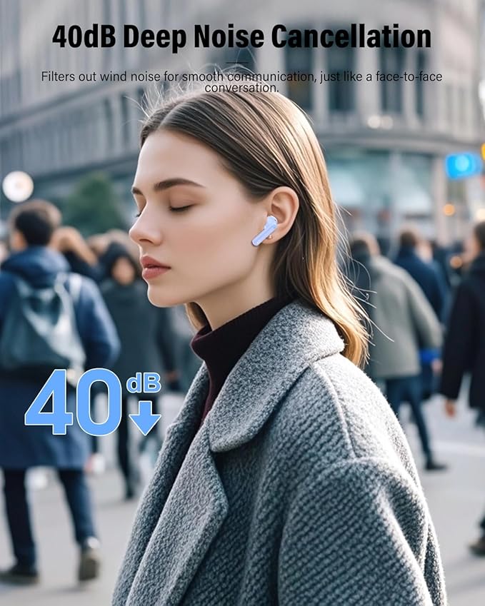 Wireless Earbuds, Bluetooth 5.4 Headphones Bass Stereo, Ear Buds with Noise Cancelling Mic, IP7 Waterproof in Ear Earphones, 36H LED Display Bluetooth Earbuds for Laptop Pad Phones Sports, Pale Blue