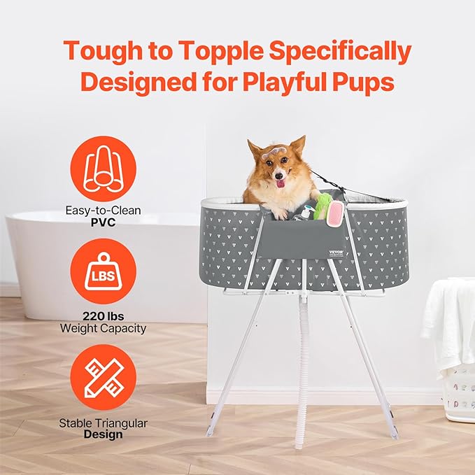 VEVOR Portable Dog Bathtub, Elevated & Foldable Space-Saving Pet Shower Station with Efficient Drainage, Bathing Tub for Washing & Grooming Small and Medium Size Dogs and Cats Indoor & Outdoor, Grey