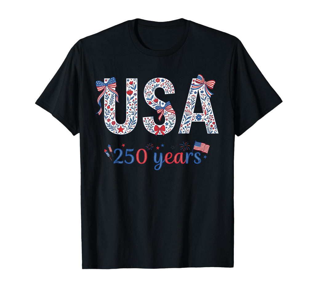4Th July Floral Coquette Usa 250 Years T-Shirt - Unique Graphic Unisex