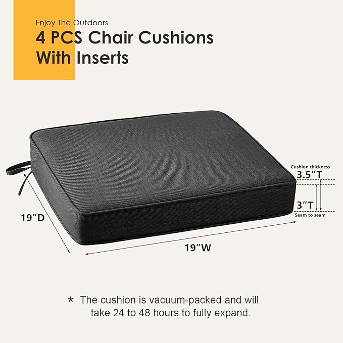 Outdoor Square Corner Seat Cushion, 19"x19"x3", Set of 4, Non Slip Seat Cushion Pads with Removable Cover for Patio Furniture, Garden Yard Lawn, Charcoal Gray