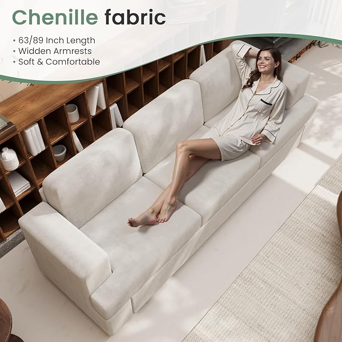 Sofa, 3 Piece Set Comfy Sofa, Loveseat & 2 3-Seater Couch with Deep Seats for Living Room, Modern Sleeper Couch, Beige Chenille