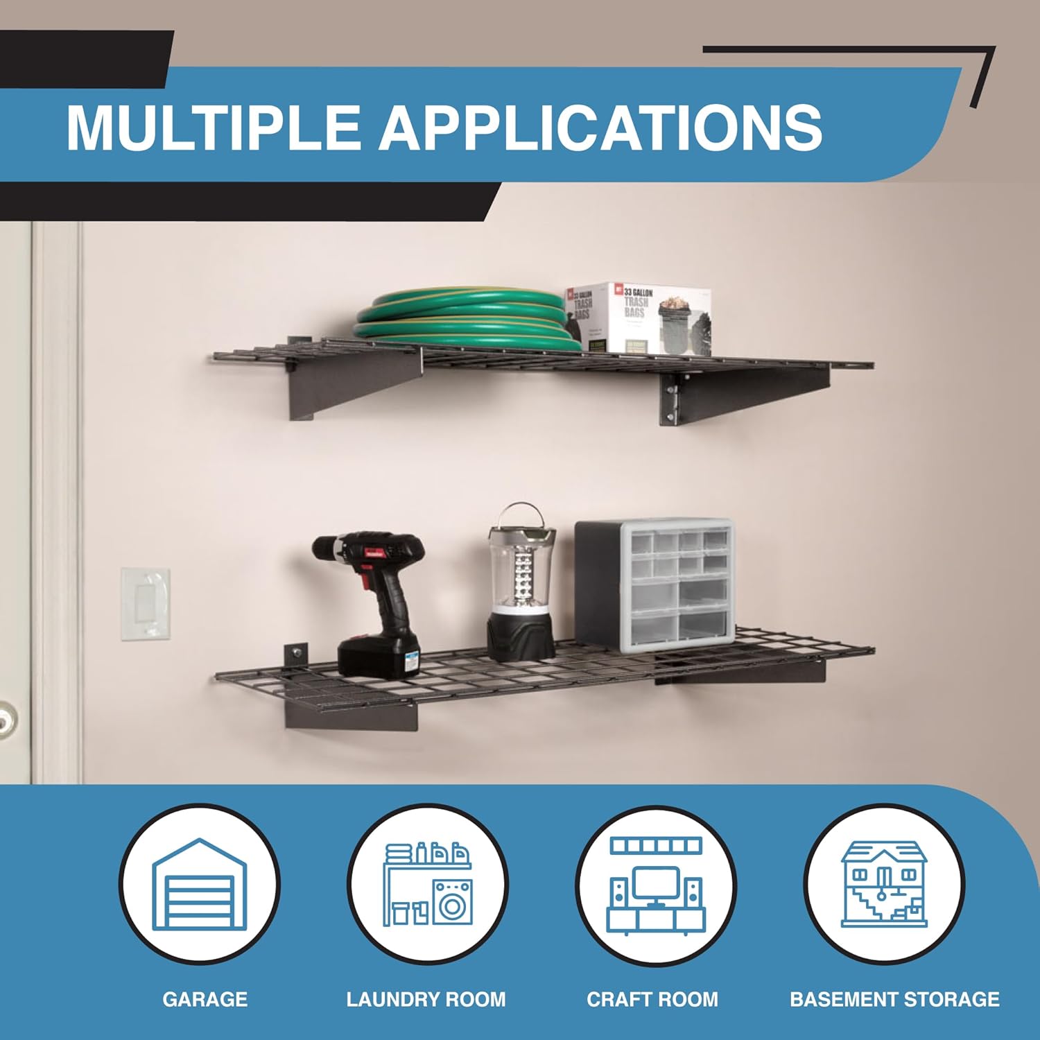 00967 2-Pack Heavy Duty Steel Garage Shelving, 45”x 15” Wall Mounted Shelve,Max Shelf Load 200 Pounds, White Powder Coated