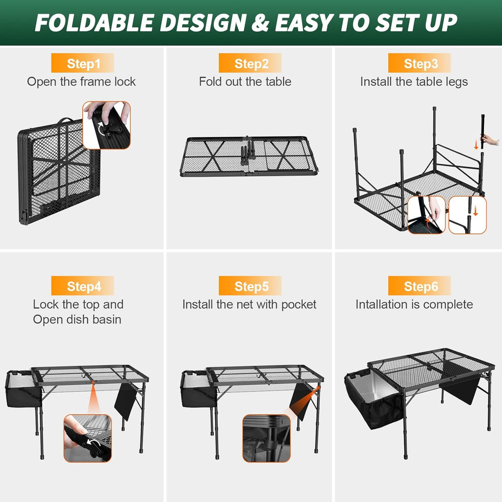 Portable Folding Grill Table with Sink for Outdoor, Lightweight Aluminum Frame Folding Grill Stand Picnic Table Camping Cooking BBQ, RV Picnic,2 Heights Adjustable(Black)