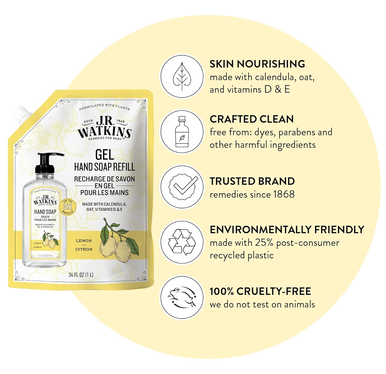 J.R. Watkins Lemon Hand Soap Gel Refill, Pack of 3, 34 FL OZ Each