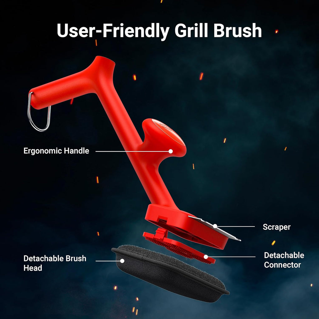 Grill Brush Bristle Free with 3 Replacement Brush Heads, Steam Grill Brush with Scraper, Non Metal Bristles for Cast Iron, Stainless-Steel Grates, Safe for Non-Stick Surface