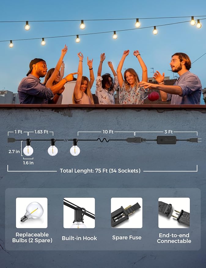 XMCOSY+ Smart Outdoor String Lights, 75Ft G40 Globe Patio Lights with 34 Dimmable LED Bulbs, WiFi & APP Control, Work with Alexa, Extendable Waterproof LED String Lights for Outside, Porch, Backyard