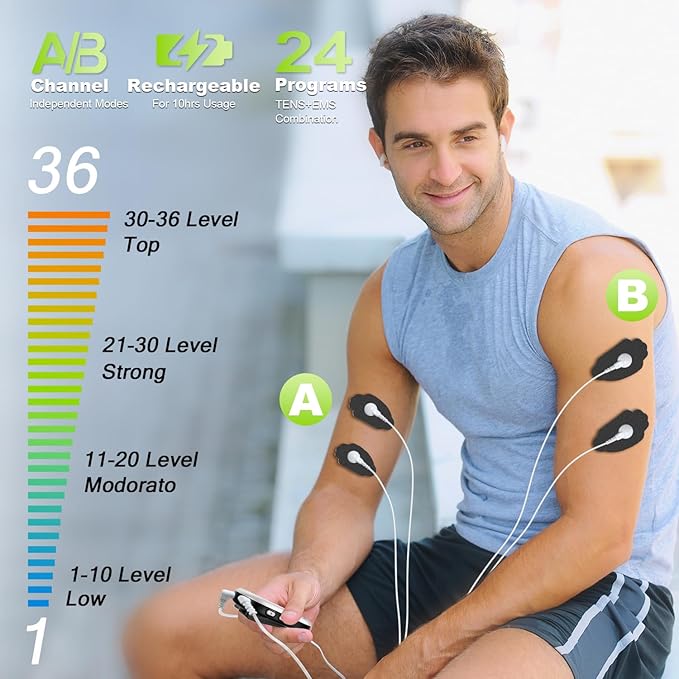 Dual Channel TENS EMS Unit Large Screen 24 Modes 36 Levels Intensity Muscle Stimulator, Rechargeable Electric Pulse Massager TENS Machine for Lower Back Neck Shoulder Pain Relief with 10 Pads