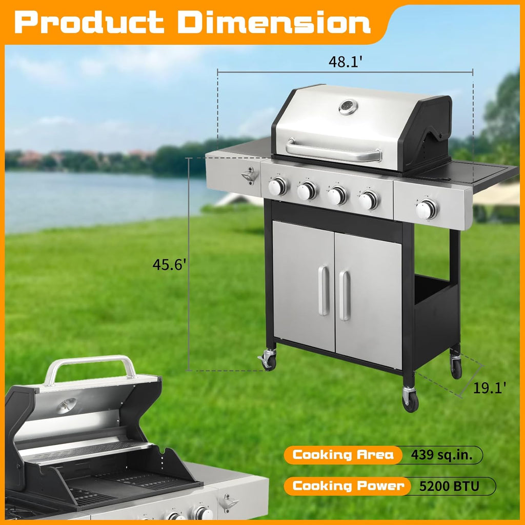 CIG GARDEN 4 Burner Propane Gas Grill with Side Burner,3 in 1 Propane Gas BBQ Grill,Double-layer Stainless Steel BBQ Grill Lid with Cast Iron Grates,52000 BTU Output for Camping, Patio, Backyard