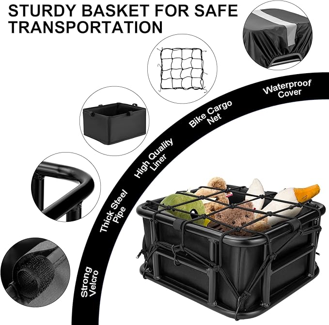 Bike Basket Rear with Liner,Waterproof Cover,Cargo Net Large Rear Bike Basket,Heavy Duty Bicycle Rear Basket for Electric Bike, Ebike,Great for Bike Trip,Carrying Grocery,Ball,Dog