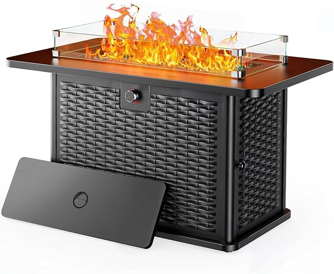 Ciays 43-Inch Rectangular Propane Fire Pit with 60,000 BTU Output, Fire Pit Table Premium Gas for Outside Patio with 304 Stainless Steel H-Burner, Glass Stones, and Wind Guard,Black