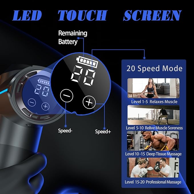 Percussion Massage Gun, Electric Handheld Muscle Back Massager, Deep Tissue Back Massage for Athletes for Pain Relief with 20 Speeds & LED Screen with Carry Case, Gift for Men/Women, Silver