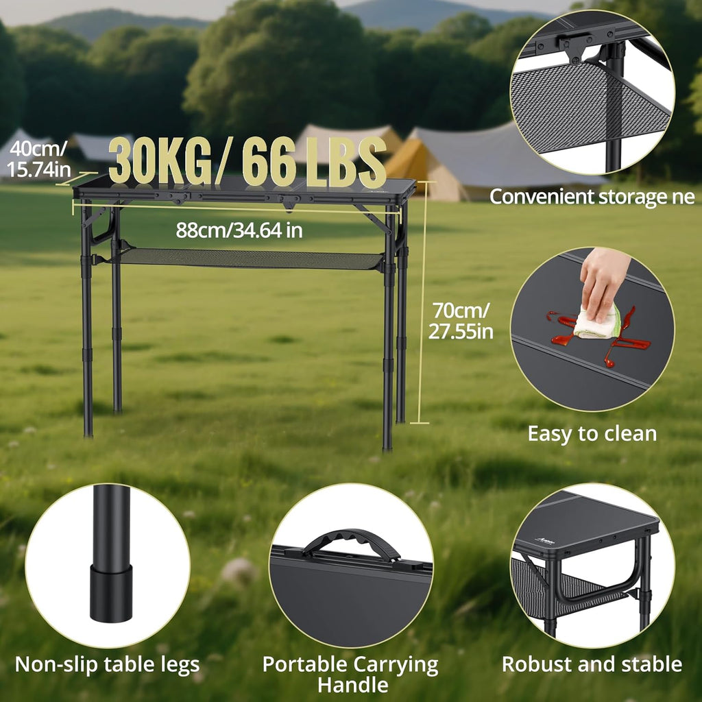 Folding Camping Table with Storage Net, 3ft Camping Table Aluminum Folding Table with 3 Adjustable Height Max 27.5 Inch Picnic Table Portable Table for Outdoor Backyard BBQ, Pure Black