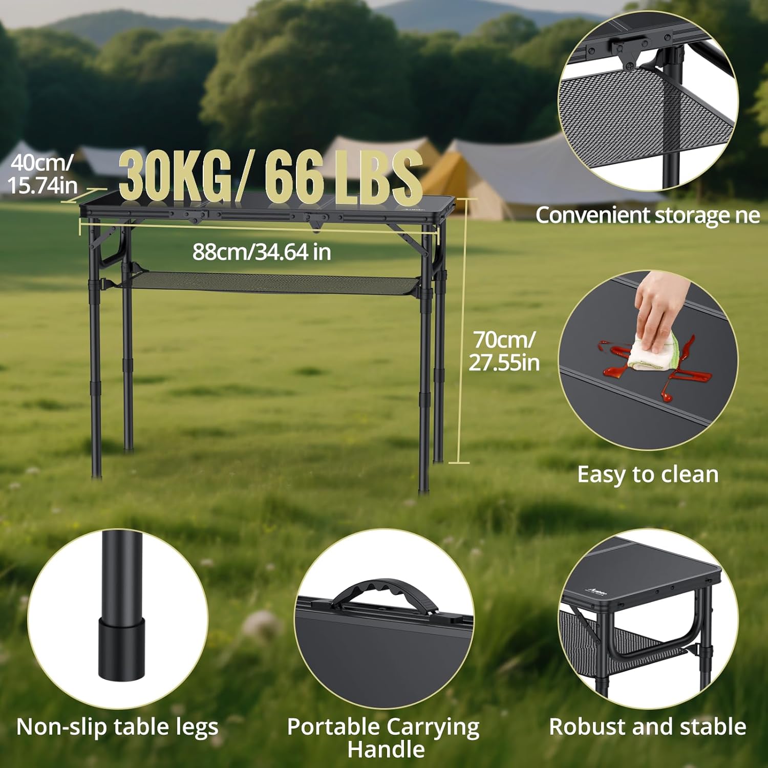 Folding Camping Table with Storage Net, 3ft Camping Table Aluminum Folding Table with 3 Adjustable Height Max 27.5 Inch Picnic Table Portable Table for Outdoor Backyard BBQ, Pure Black