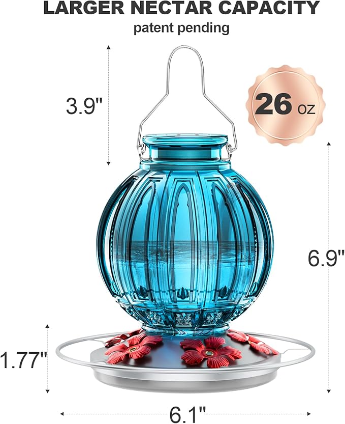 Glass Hummingbird Feeder for Outdoors Hanging, 26Oz Bird Nectar Feeder with Perch & 5 Flower Feeding Ports, Leak Proof for Outside Garden Decor Backyard, Gifts for Women Mom, Blue