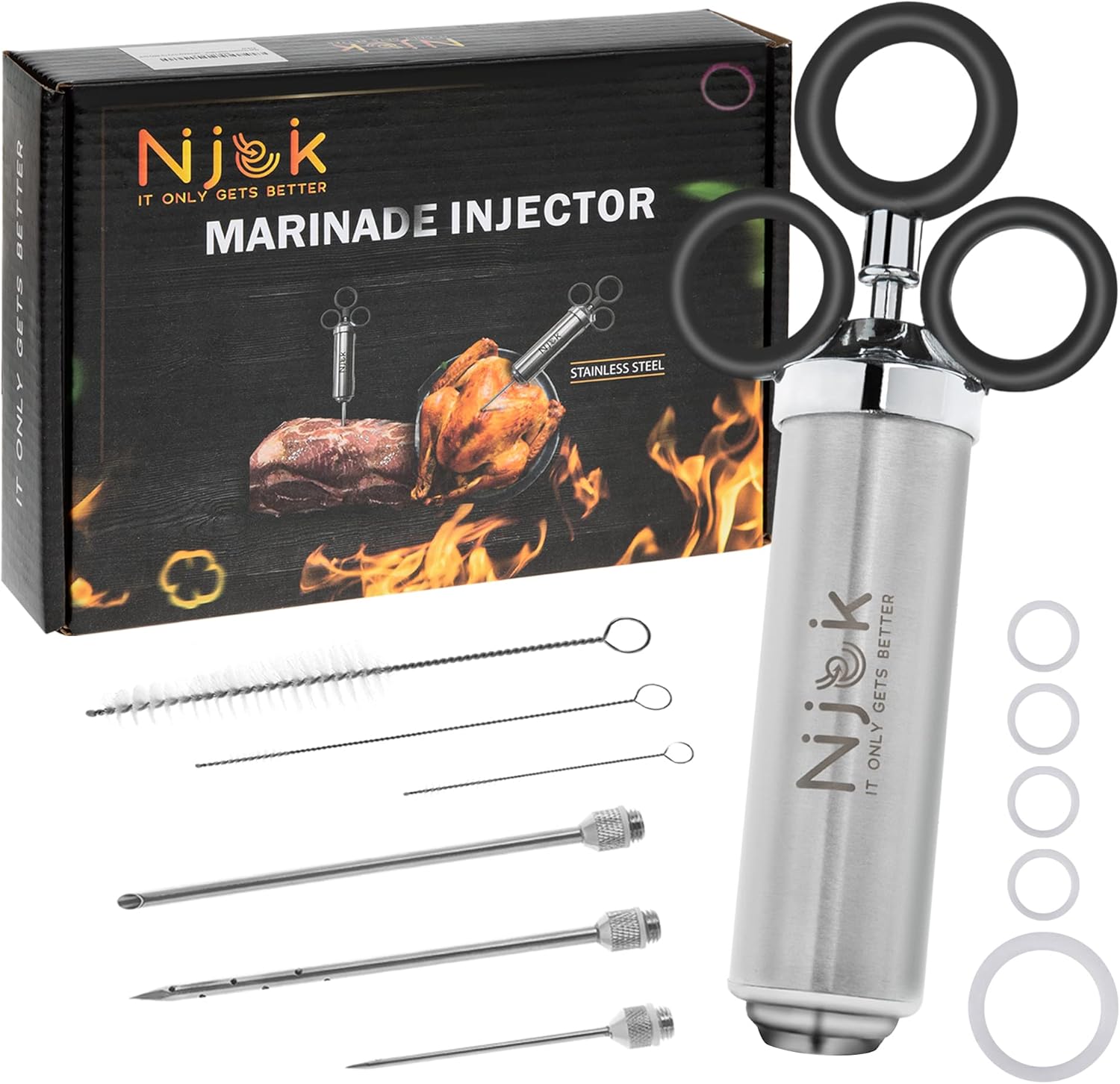 Stainless Steel Meat Flavor Injector Kit, 2-oz Large Capacity with 3 Professional Needles, Marinade and Seasoning Injector Syringe for Beef, Turkey, Brisket, Sturdy and Heavy-duty for BBQ Grill