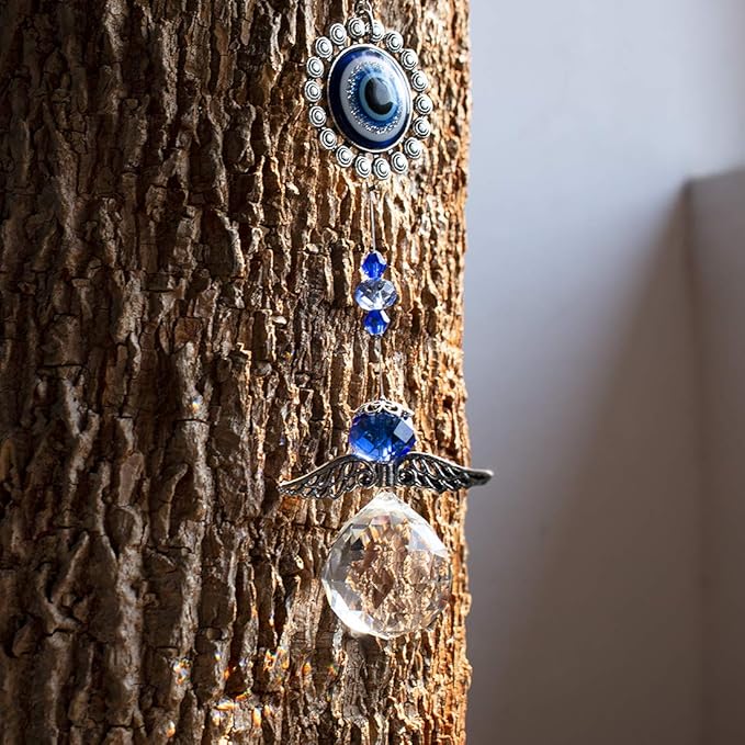 Handmade Crystal Angel Suncatcher Hanging Turkish Blue Evil Eye Protection Pendant and Good Luck Charm Gift